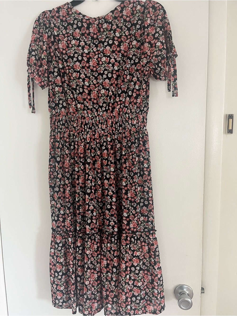 Ember Women’s Small Black Floral Tiered Dress with Pink and White Blossoms - Picture 5 of 8